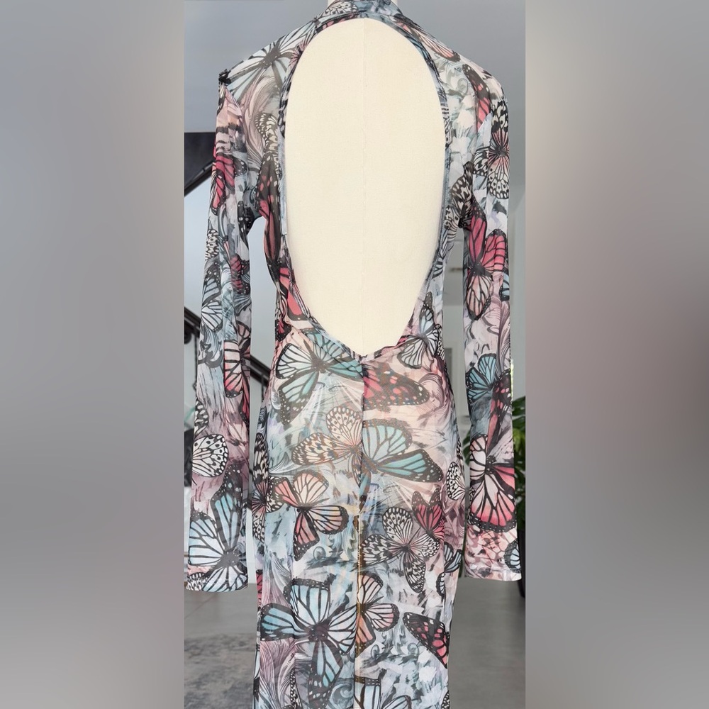 UO Butterfly Print Open Back Mesh long Sleeve Dress. Size L